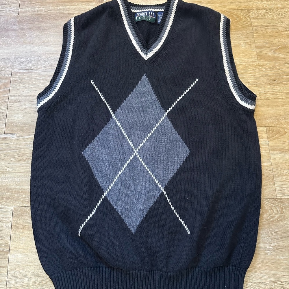 TRADER BAY Men's Small S Black Gray Sweater Vest 100% Cotton KNIT Ribbed Vintage
